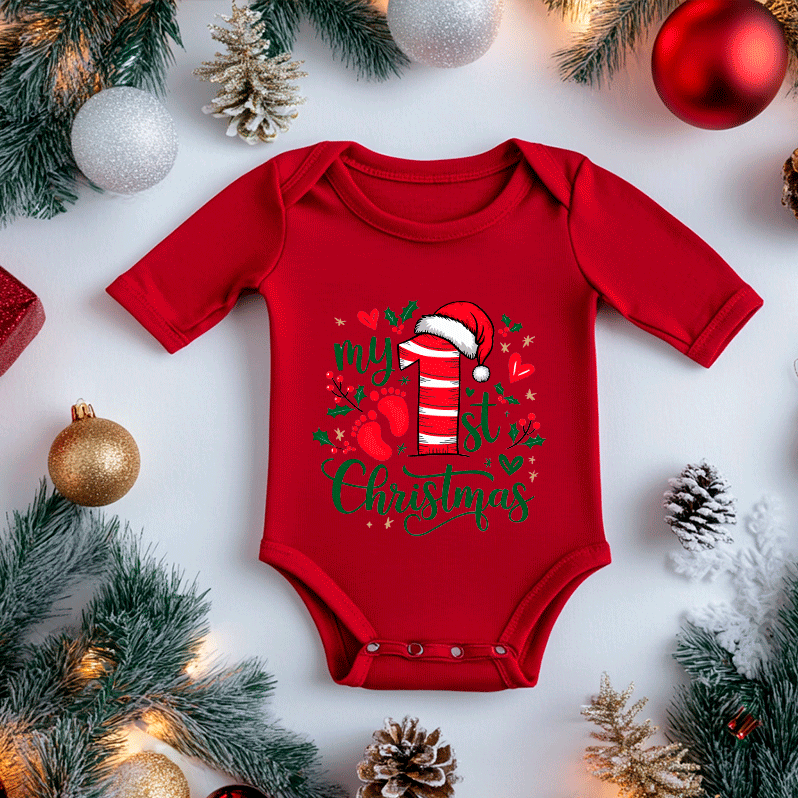 Red baby onesie with 'My 1st Christmas' design surrounded by holiday decorations on a white background