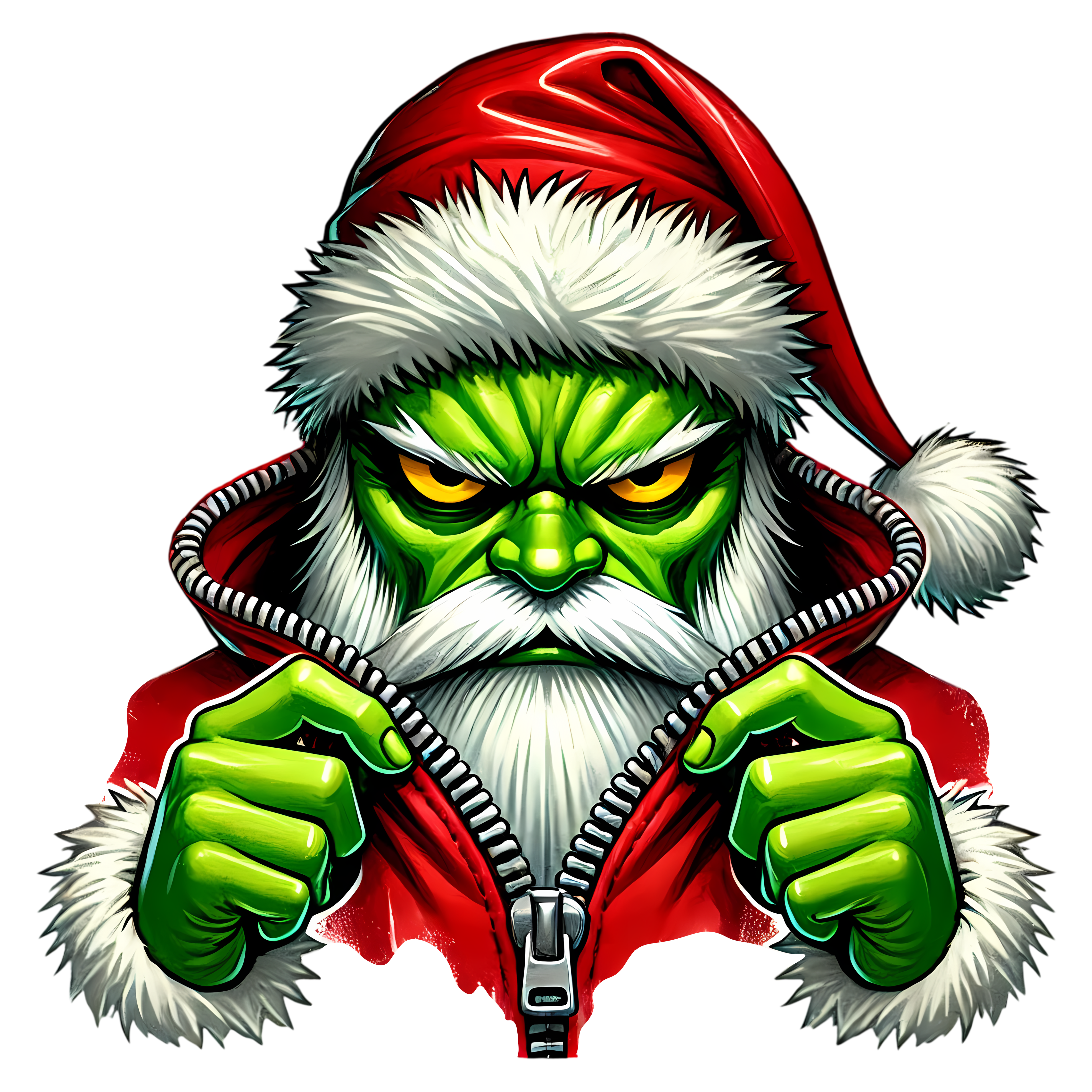 Cartoon character with green skin, red hat, and red jacket holding a silver zipper.