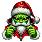 Cartoon character with green skin, red hat, and red jacket holding a silver zipper.
