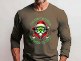 Brown long-sleeve shirt with a graphic design of a Santa Claus face and text on a plain background