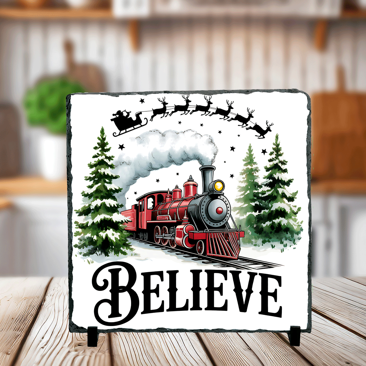 Believe Santa Train Christmas Sublimated Square Photo Slates