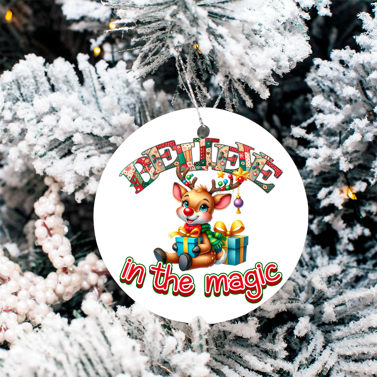 Christmas ornament with reindeer and text 'Believe in the magic' on a snowy tree background