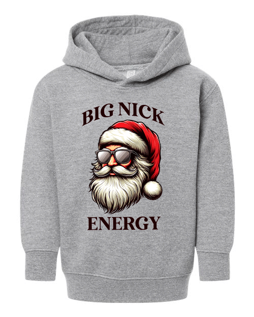 Gray hoodie with a graphic of Santa Claus wearing sunglasses and text 'BIG NICK ENERGY' on a white background.