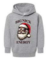 Gray hoodie with a graphic of Santa Claus wearing sunglasses and text 'BIG NICK ENERGY' on a white background.