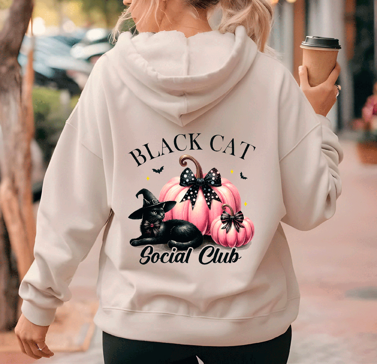 Black Cat Social Club Halloween HTV Graphic Ladies Full Zip Hoodies