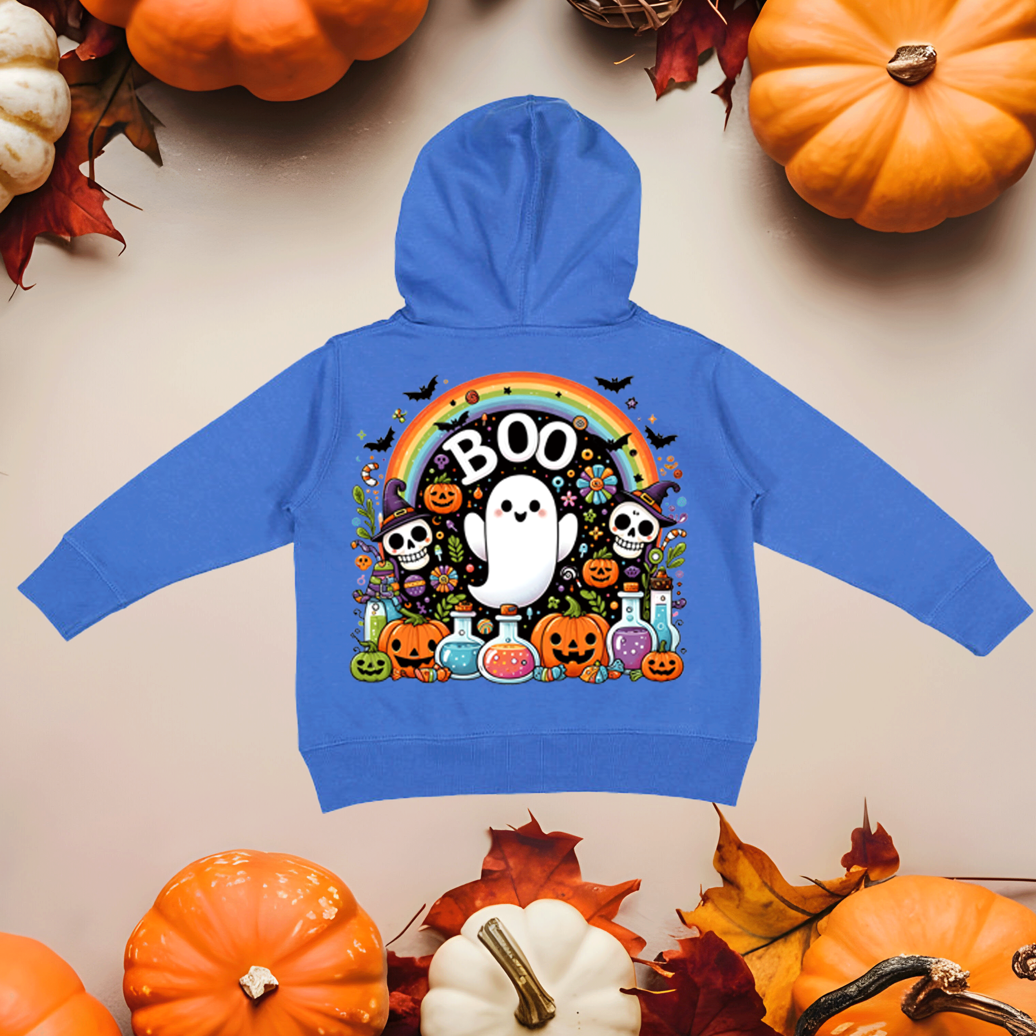 Blue hoodie with Halloween-themed design on a beige background with pumpkins and leaves.