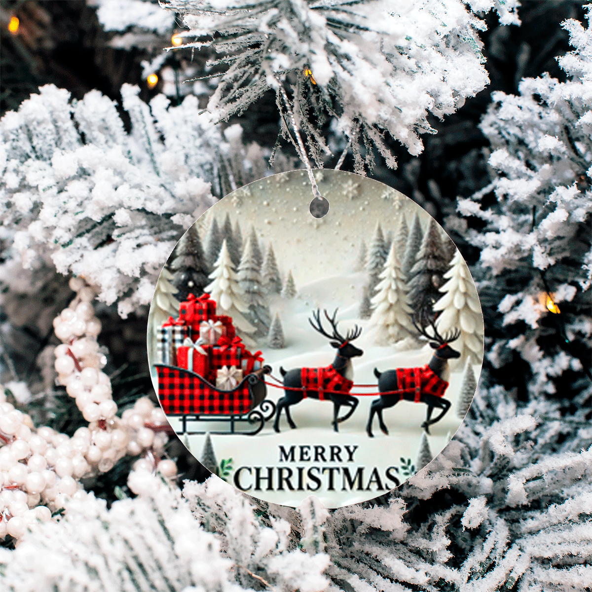 Christmas ornament with reindeer and sleigh design hanging on a snow-covered tree.
