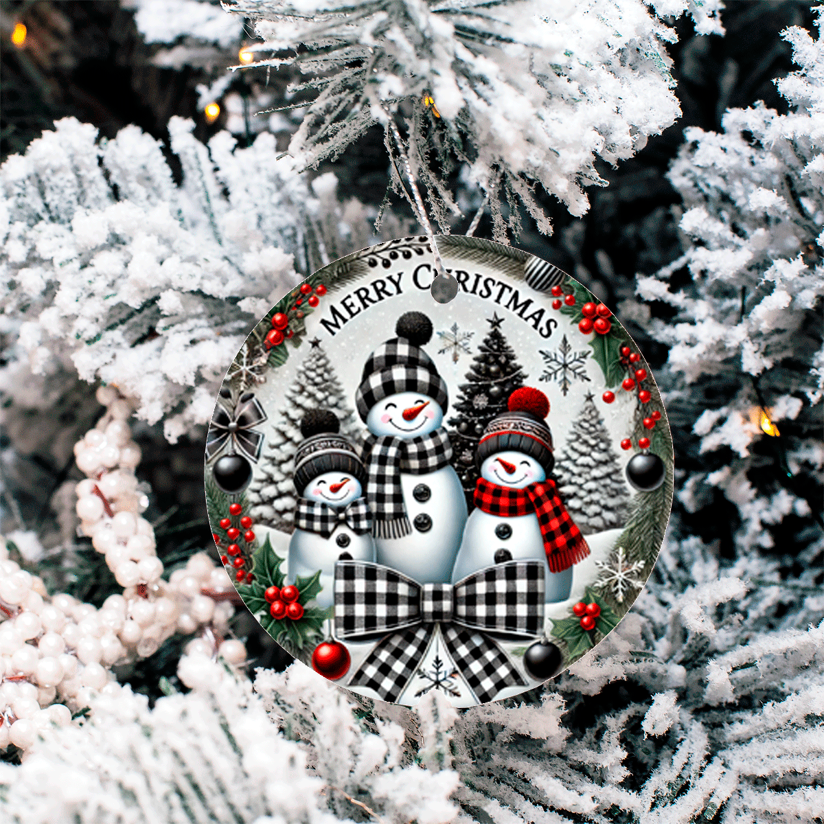 Decorative Christmas ornament with snowmen and 'Merry Christmas' text on a snowy tree background