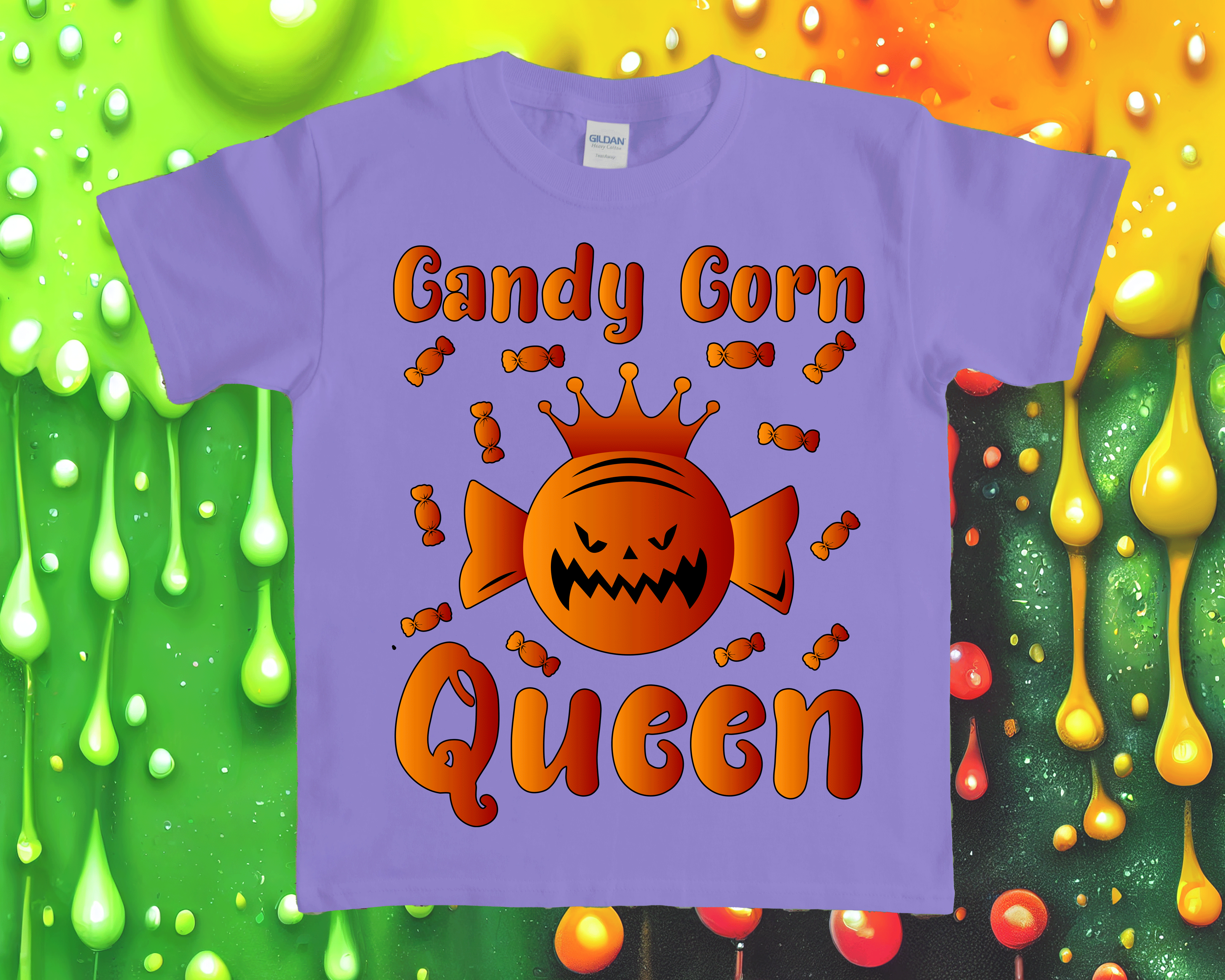Purple t-shirt with 'Candy Corn Queen' design on a colorful background