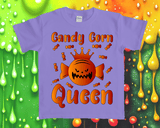 Purple t-shirt with 'Candy Corn Queen' design on a colorful background