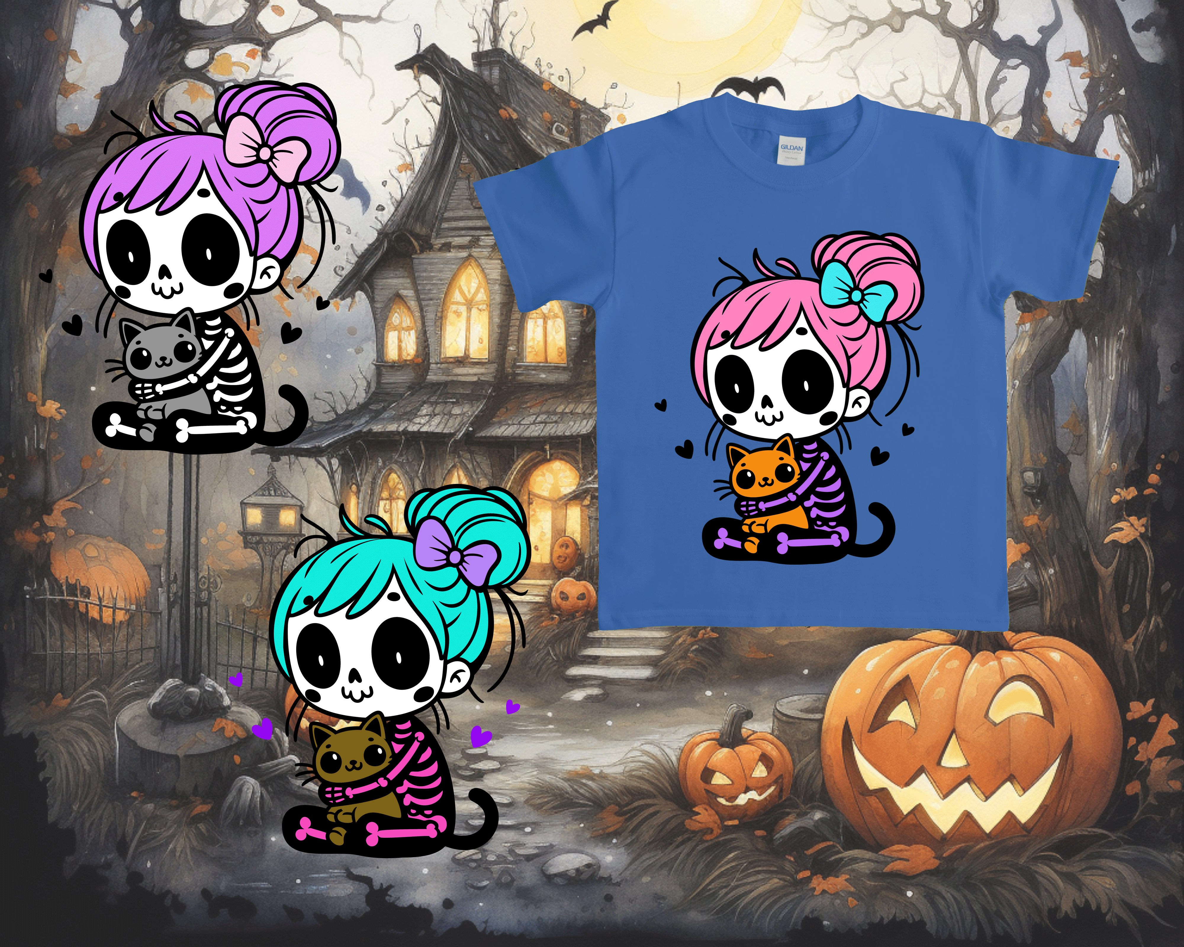 Blue t-shirt with a cartoon character design on a Halloween-themed background