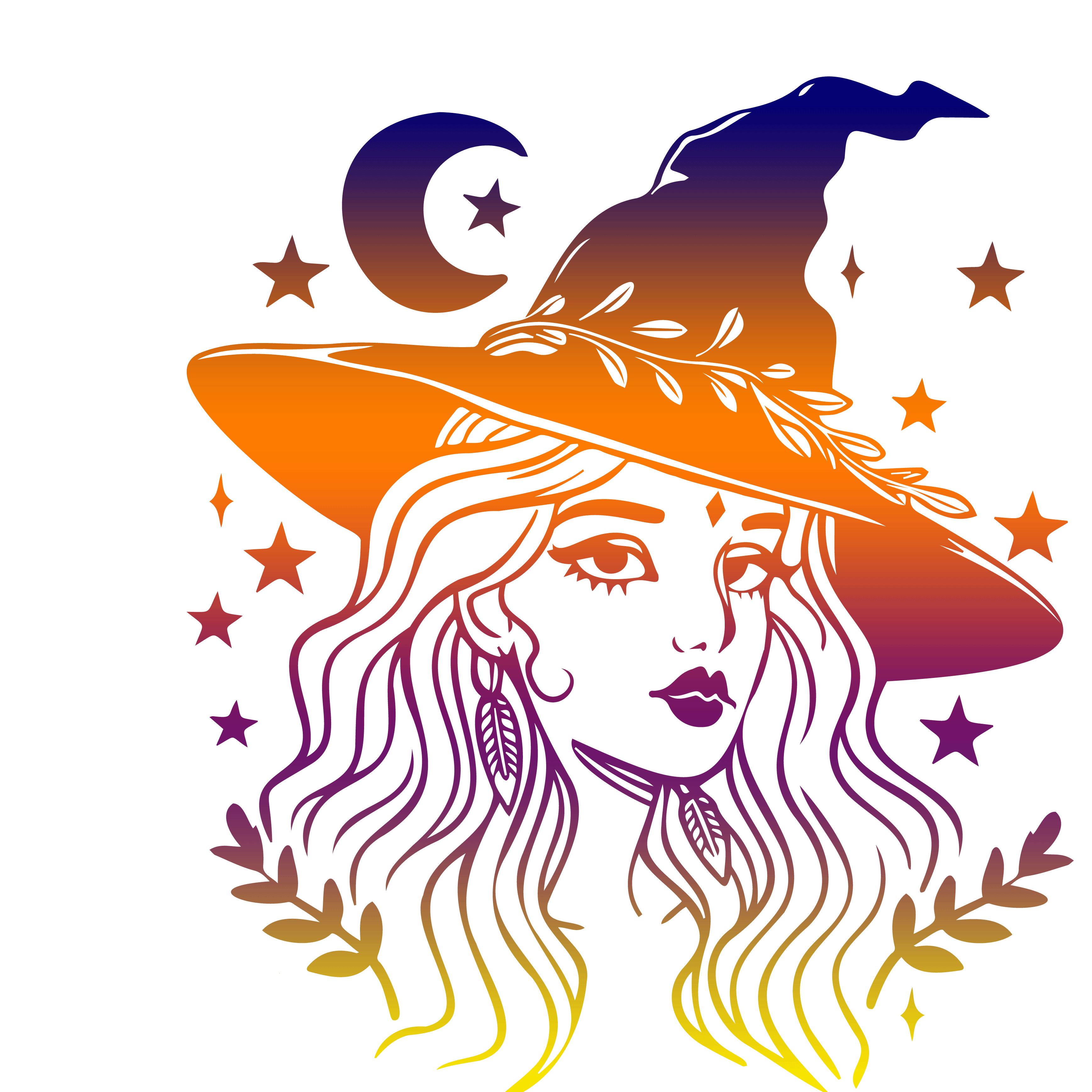 Colorful illustration of a witch with a gradient hat and stars on a white background