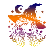 Colorful illustration of a witch with a gradient hat and stars on a white background
