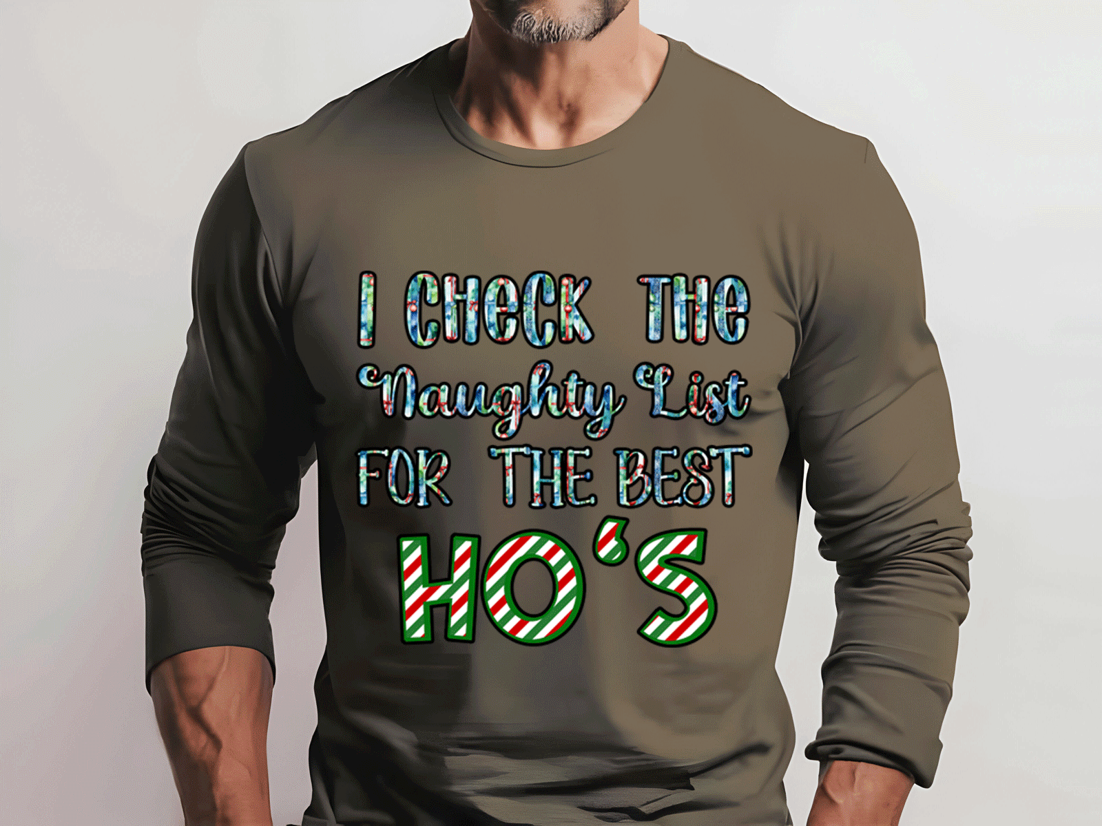 military green long sleeve tshirt with funny Christmas graphic