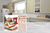 Kitchen-themed measurement chart with baking elements on a kitchen background