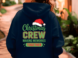 Navy blue hoodie with Christmas-themed text and Santa hat graphic on the back.
