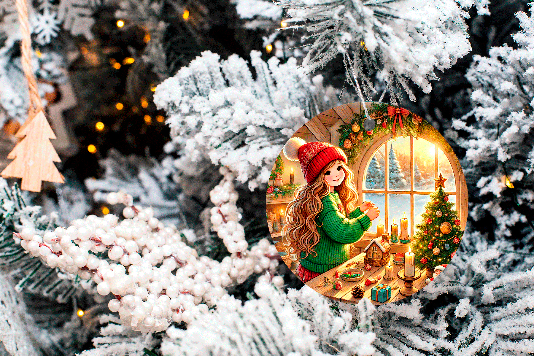 Decorative Christmas ornament with a woman by a window, surrounded by festive tree decorations.