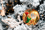 Decorative Christmas ornament with a woman by a window, surrounded by festive tree decorations.