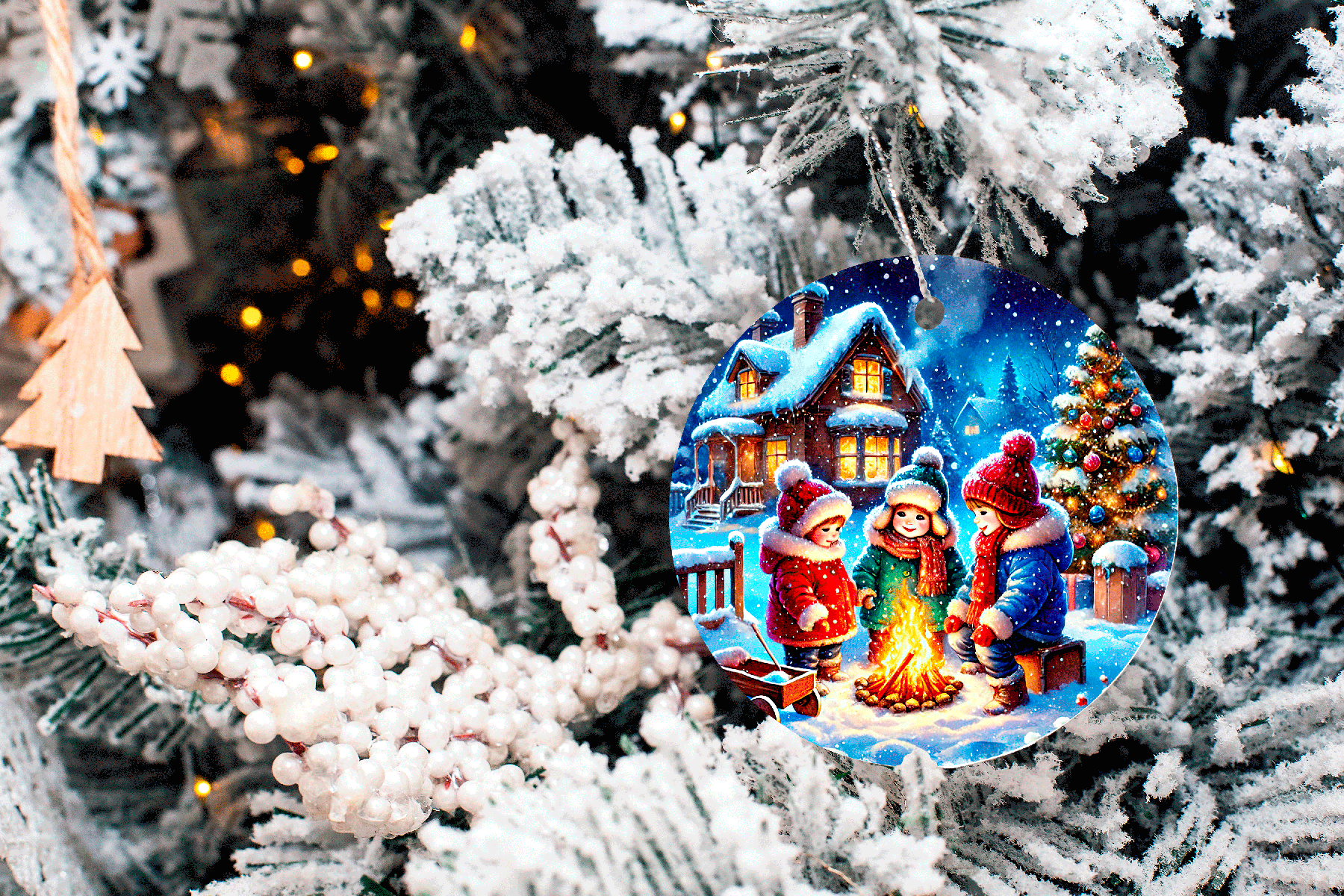 Decorative Christmas ornament with children by a campfire on a tree.
