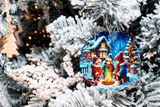 Decorative Christmas ornament with children by a campfire on a tree.