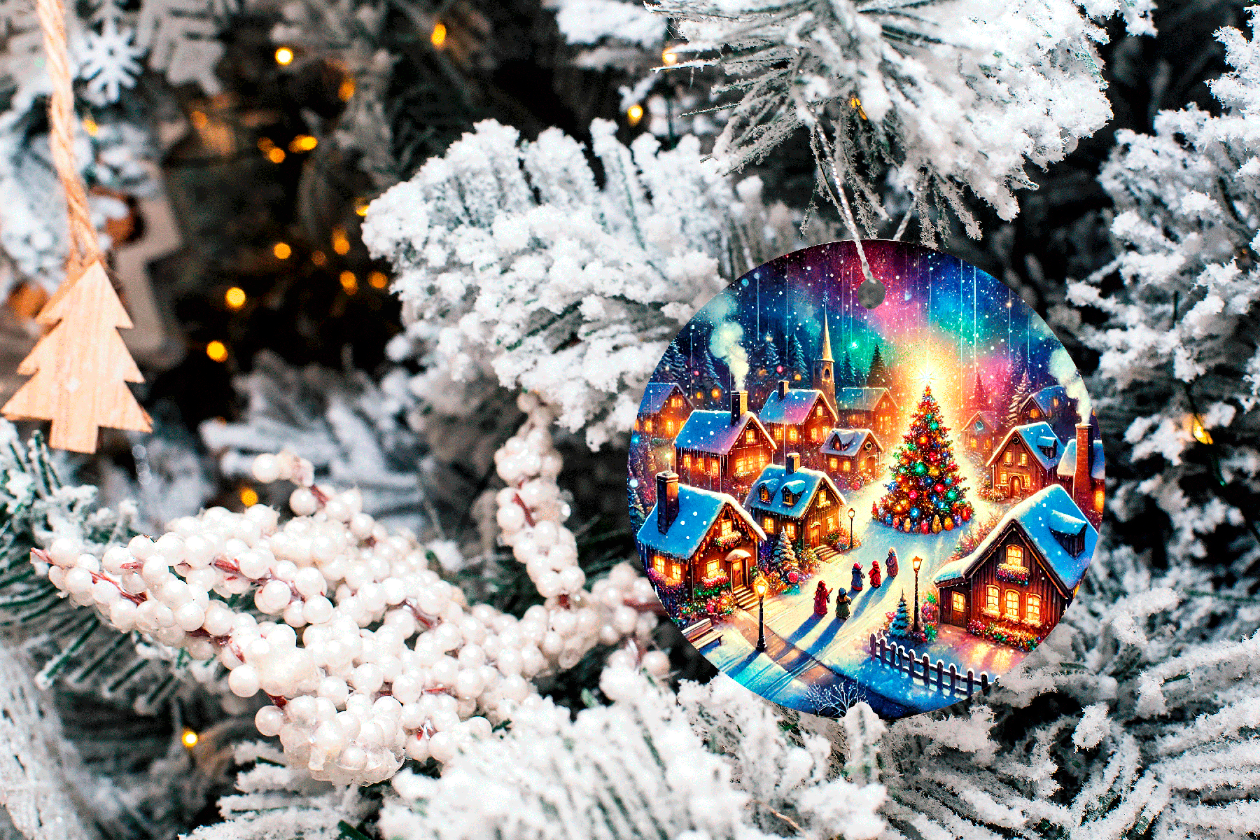 Decorative Christmas ornament with a village scene on a snow-covered tree.