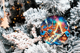 Decorative Christmas ornament with a village scene on a snow-covered tree.