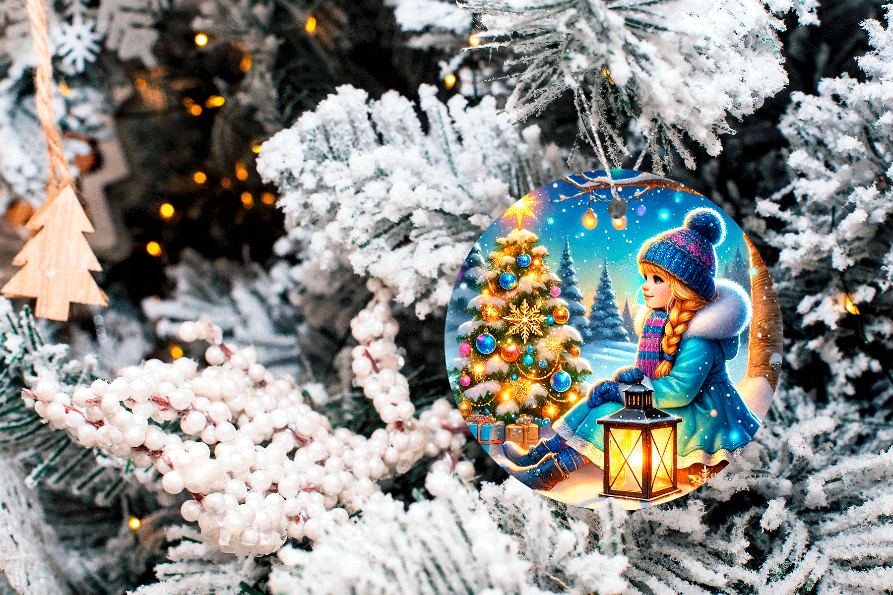 Decorative Christmas ornament with a girl by a tree on a snowy background, hanging on a tree.