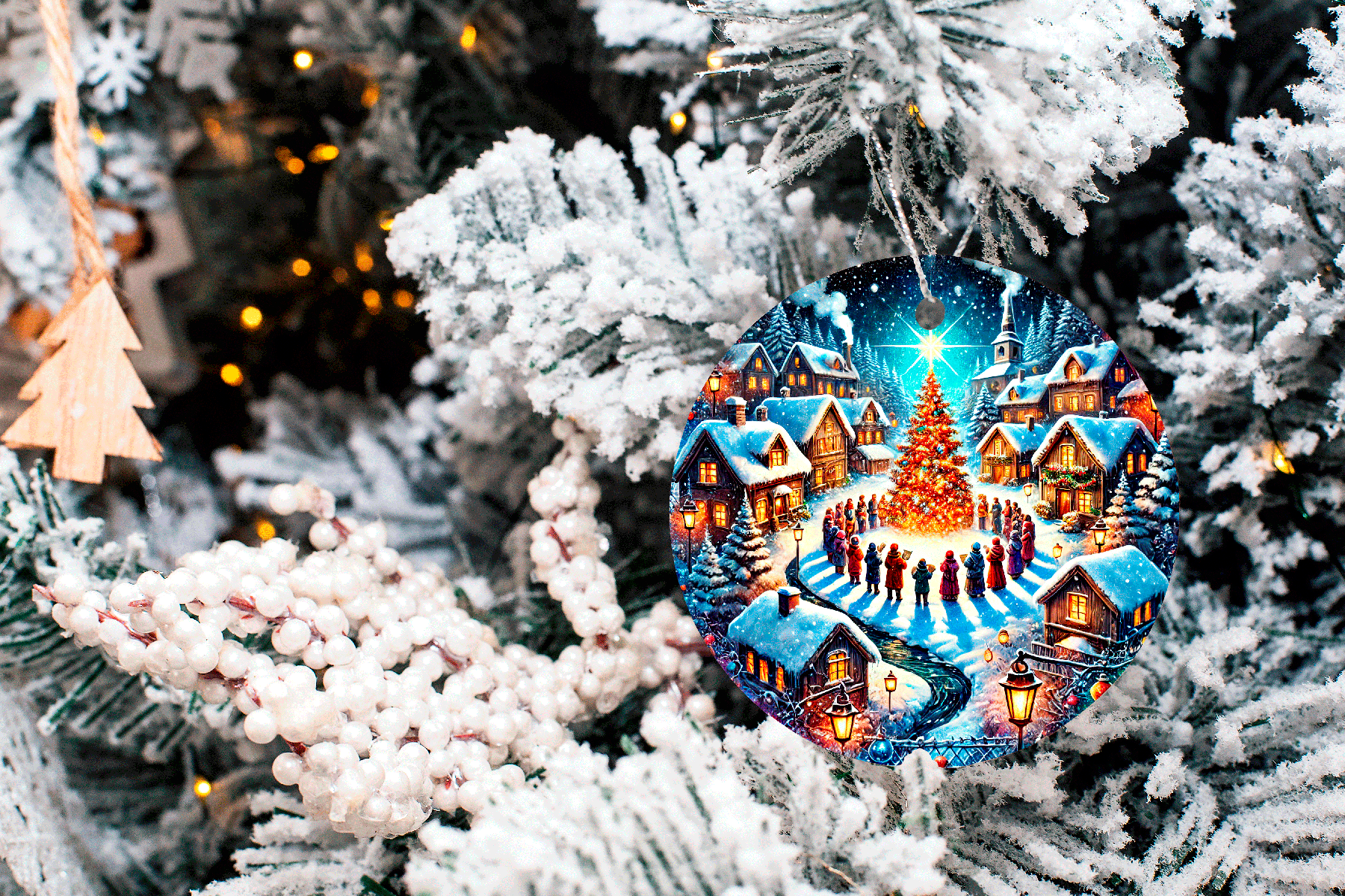 Decorative Christmas ornament with a village scene on a snow-covered tree