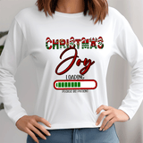 White long-sleeve shirt with 'Christmas Joy Loading' text design on a plain background