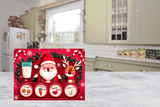 Christmas-themed cutting board  with Santa Claus and reindeer design on a kitchen floor.