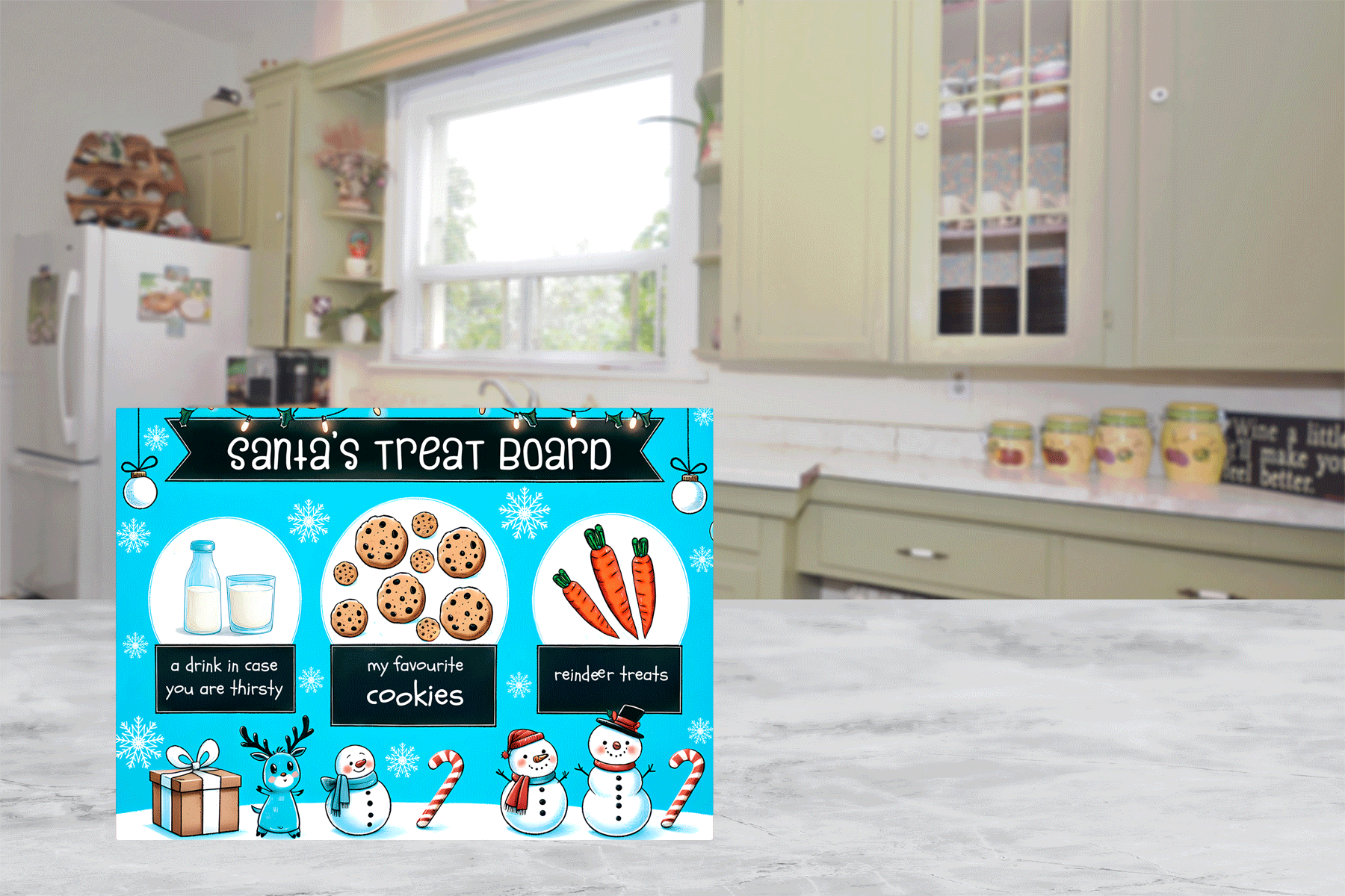 Christmas-themed cutting board  with Santa Claus and reindeer design on a kitchen counter.