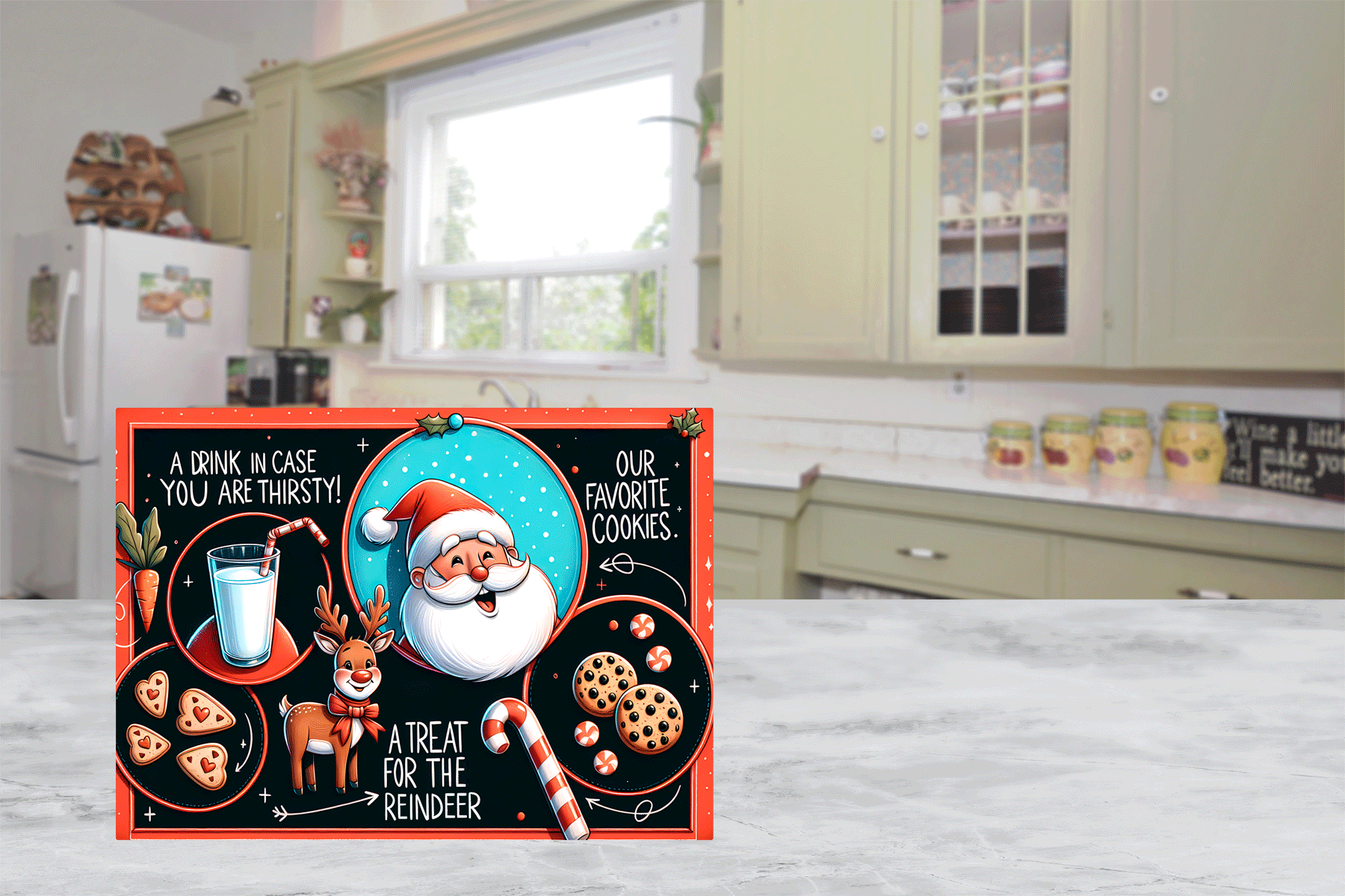 Christmas-themed cutting board  with Santa Claus and reindeer design on a kitchen floor.