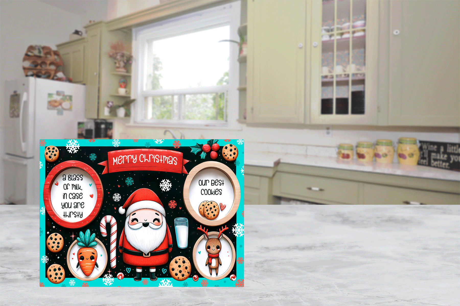 Christmas-themed cutting board  with Santa Claus and reindeer design on a kitchen floor.