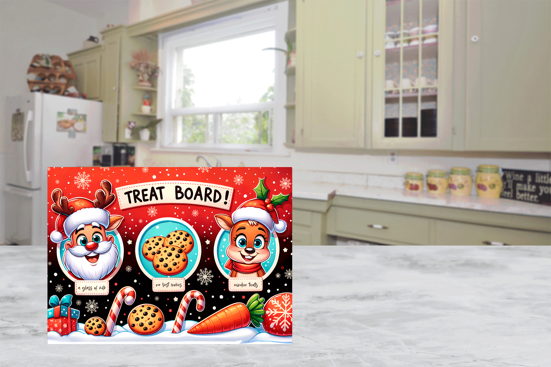 Christmas-themed cutting board  with Santa Claus and reindeer design on a kitchen counter.