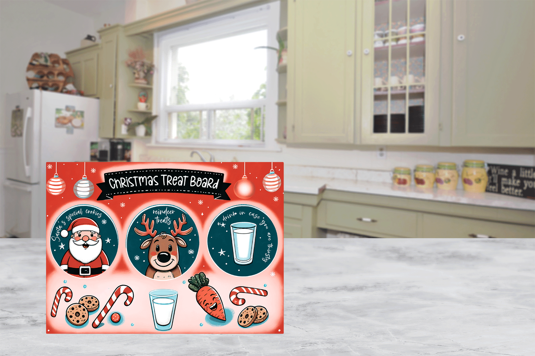 Christmas-themed cutting board  with Santa Claus and reindeer design on a kitchen floor.