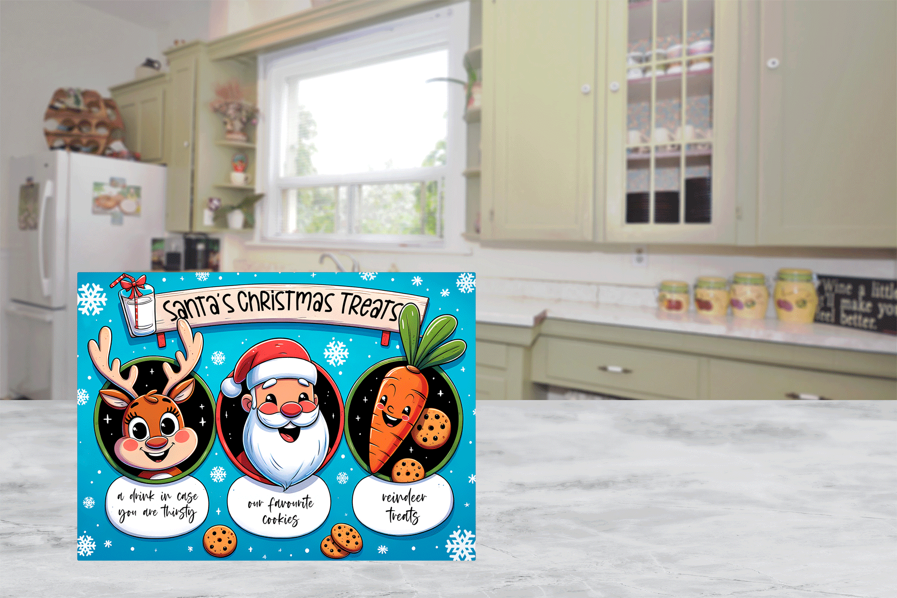 Christmas-themed cutting board  with Santa Claus and reindeer design on a kitchen counter.