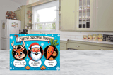 Christmas-themed cutting board  with Santa Claus and reindeer design on a kitchen counter.