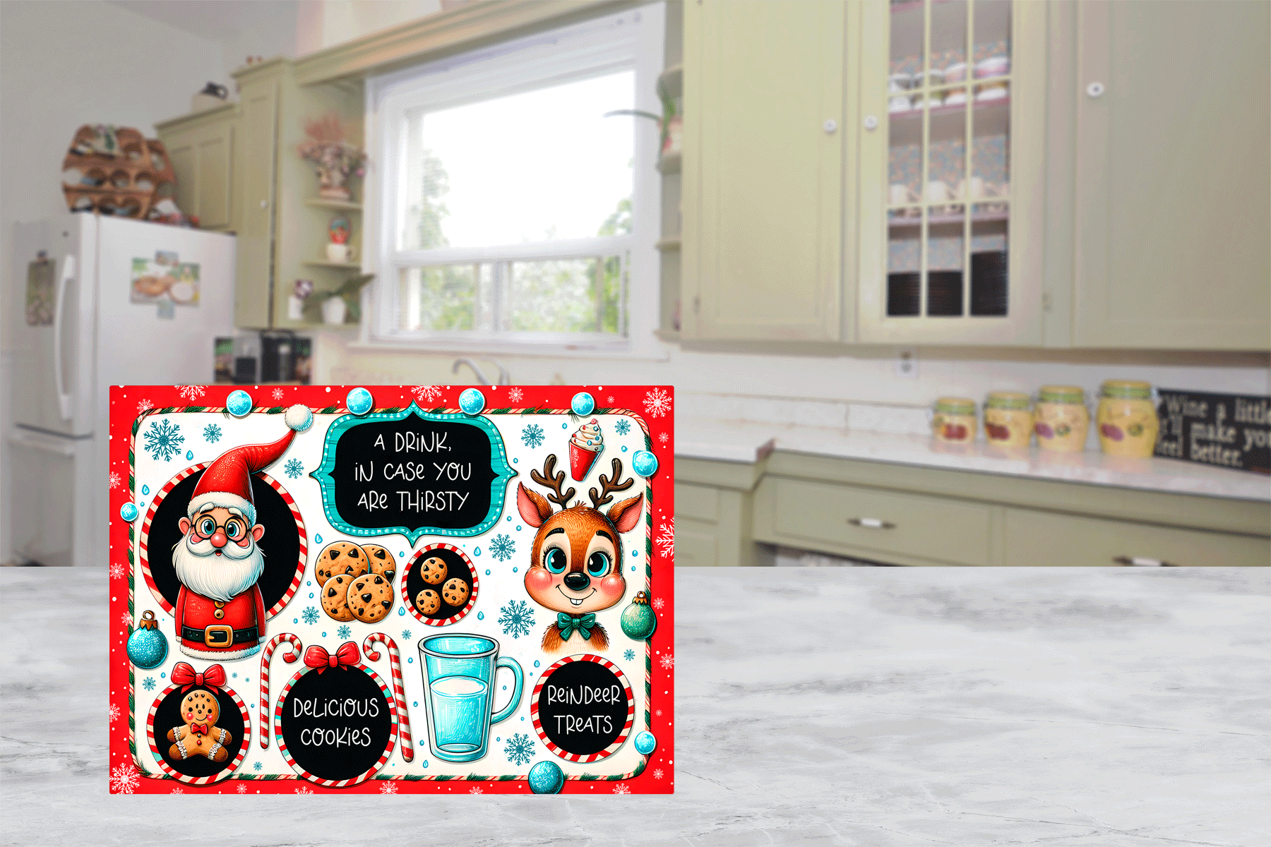 Christmas-themed cutting board  with Santa Claus and reindeer design on a kitchen floor.