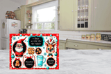 Christmas-themed cutting board  with Santa Claus and reindeer design on a kitchen floor.