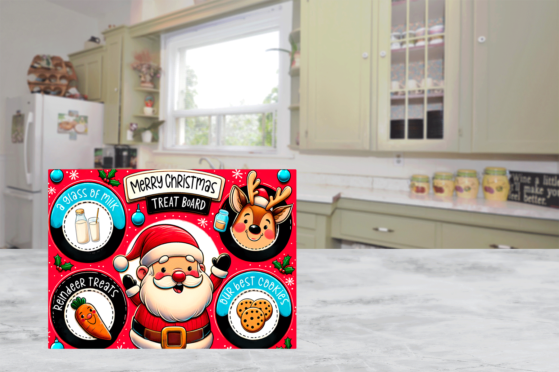 Christmas-themed cutting board  with Santa Claus and reindeer design on a kitchen counter.