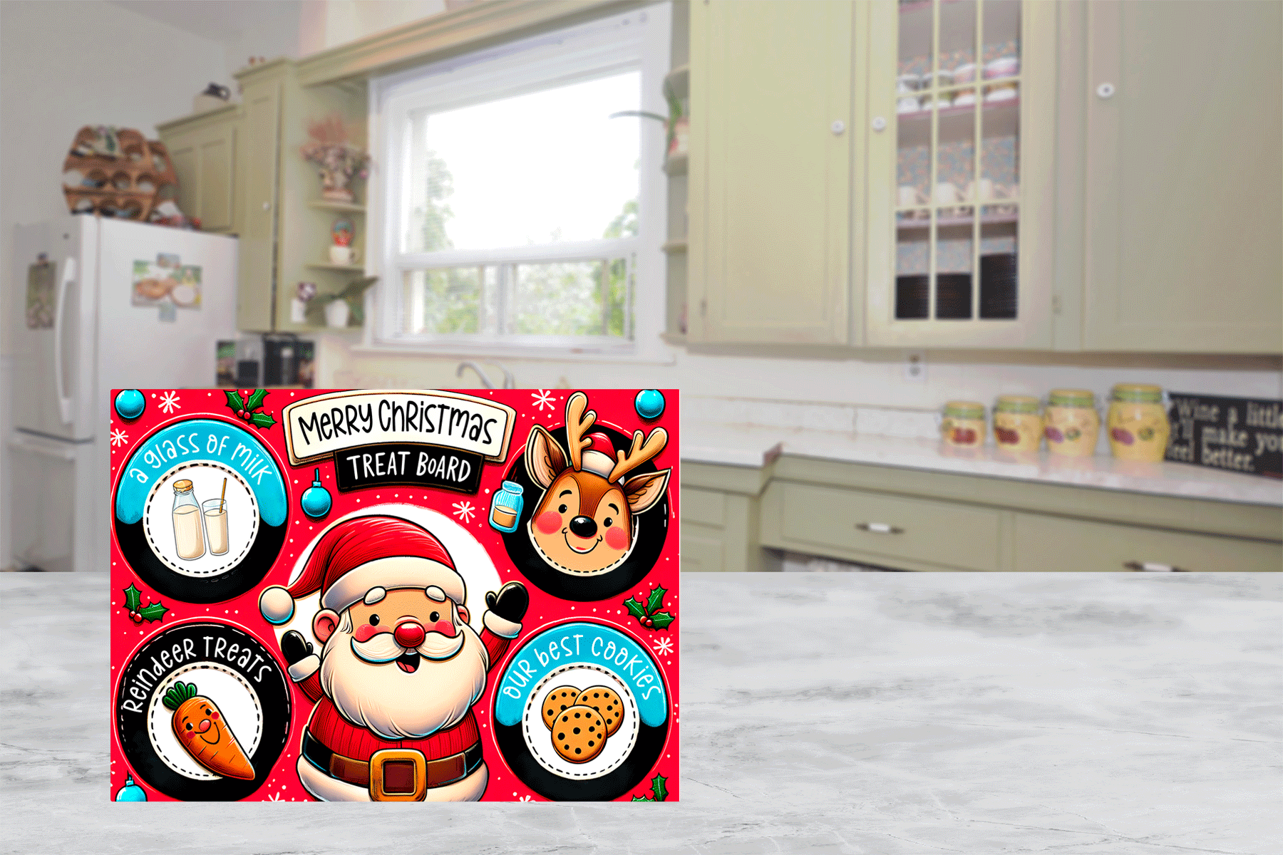 Christmas-themed cutting board  with Santa Claus and reindeer design on a kitchen floor.