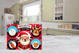 Christmas-themed cutting board  with Santa Claus and reindeer design on a kitchen floor.