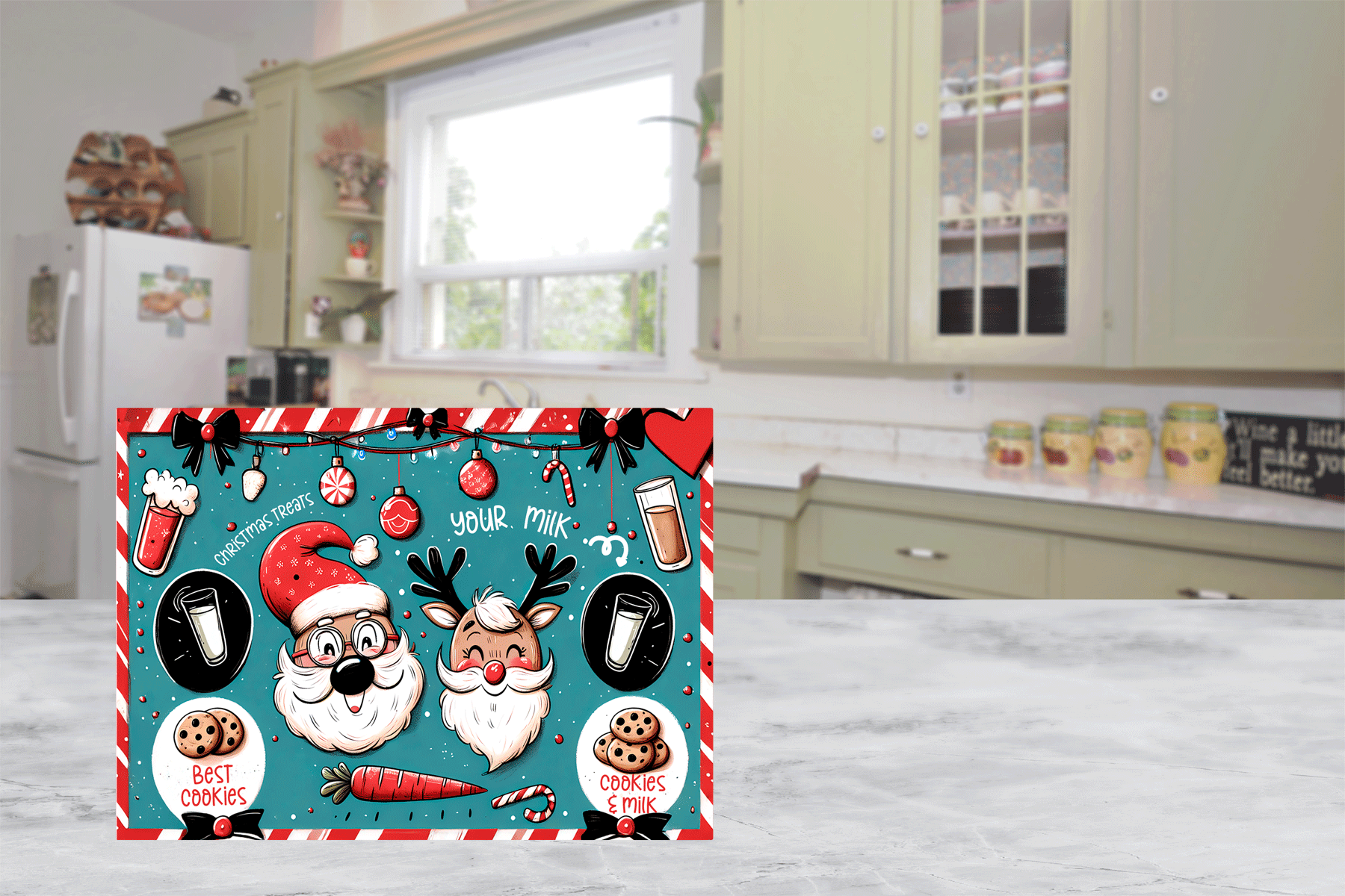 Christmas-themed cutting board  with Santa Claus and reindeer design on a kitchen floor.
