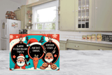 Christmas-themed cutting board  with Santa Claus and reindeer design on a kitchen floor.