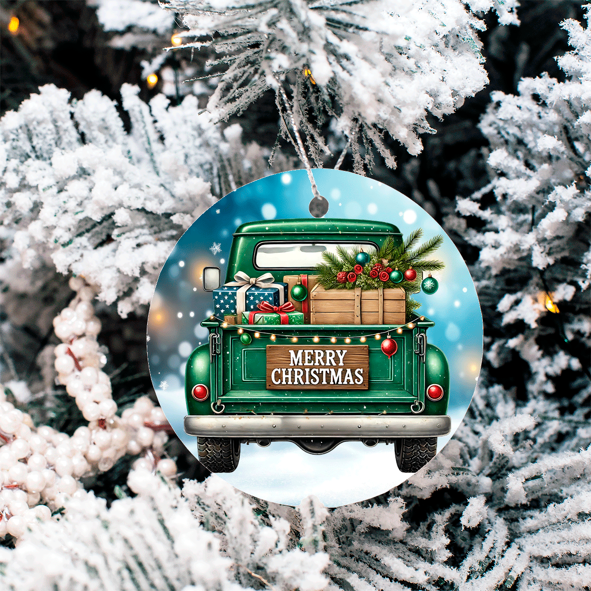 Vintage Christmas Trucks Set 3 Sublimated Ceramic Ornament 3" Set Of 5