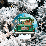 Vintage Christmas Trucks Set 3 Sublimated Ceramic Ornament 3" Set Of 5