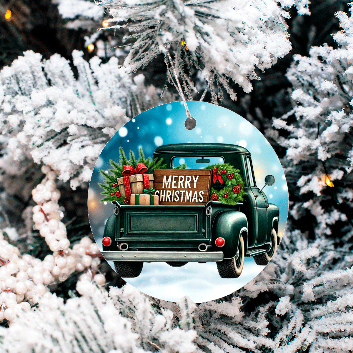 Vintage Christmas Trucks Set 2 Sublimated Ceramic Ornament 3" Set Of 5