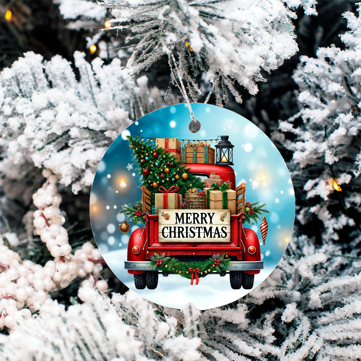 Vintage Christmas Trucks Set 3 Sublimated Ceramic Ornament 3" Set Of 5