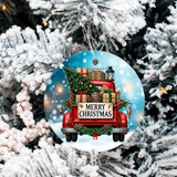 Vintage Christmas Trucks Set 3 Sublimated Ceramic Ornament 3" Set Of 5