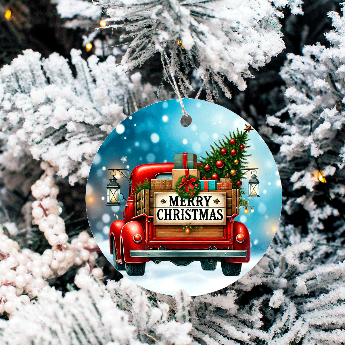 Vintage Christmas Trucks Set 3 Sublimated Ceramic Ornament 3" Set Of 5